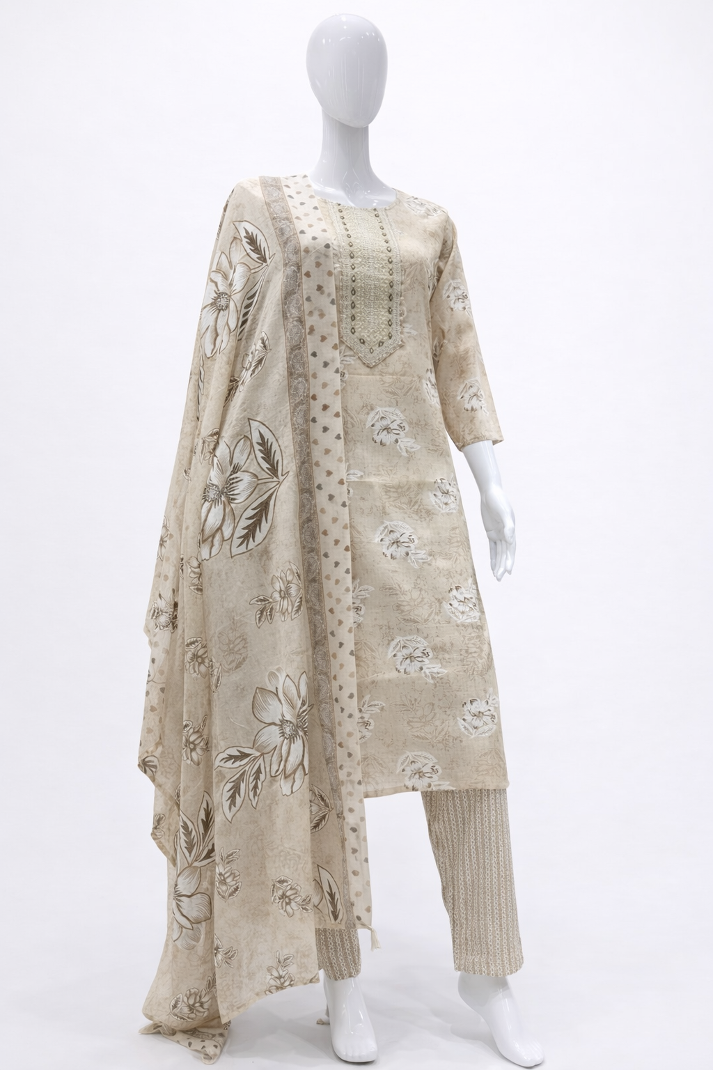 Floral Leaf Churidar Set Dark Beige