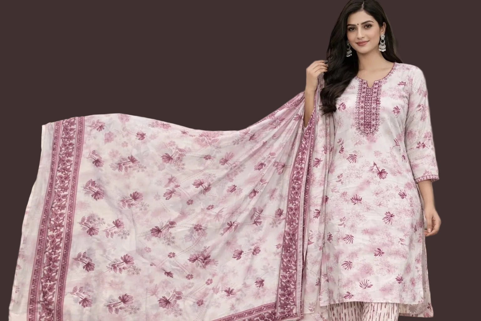 Pink Floral, Embroidered and mirror work Churidar Set