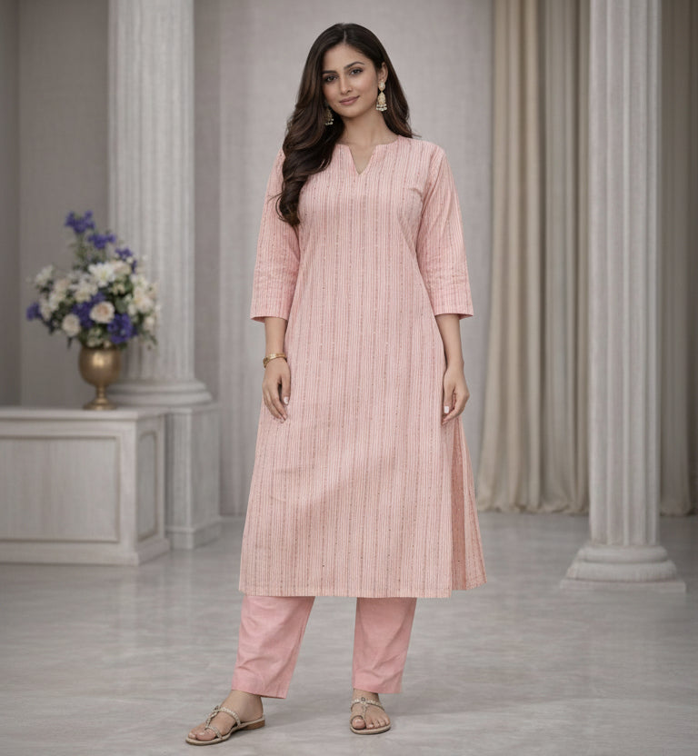Pink white striped kurti set without dupatta