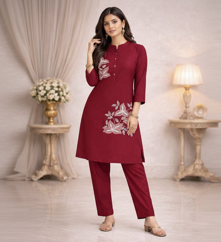 Maroon Flower Embroidered Co-Ord Set