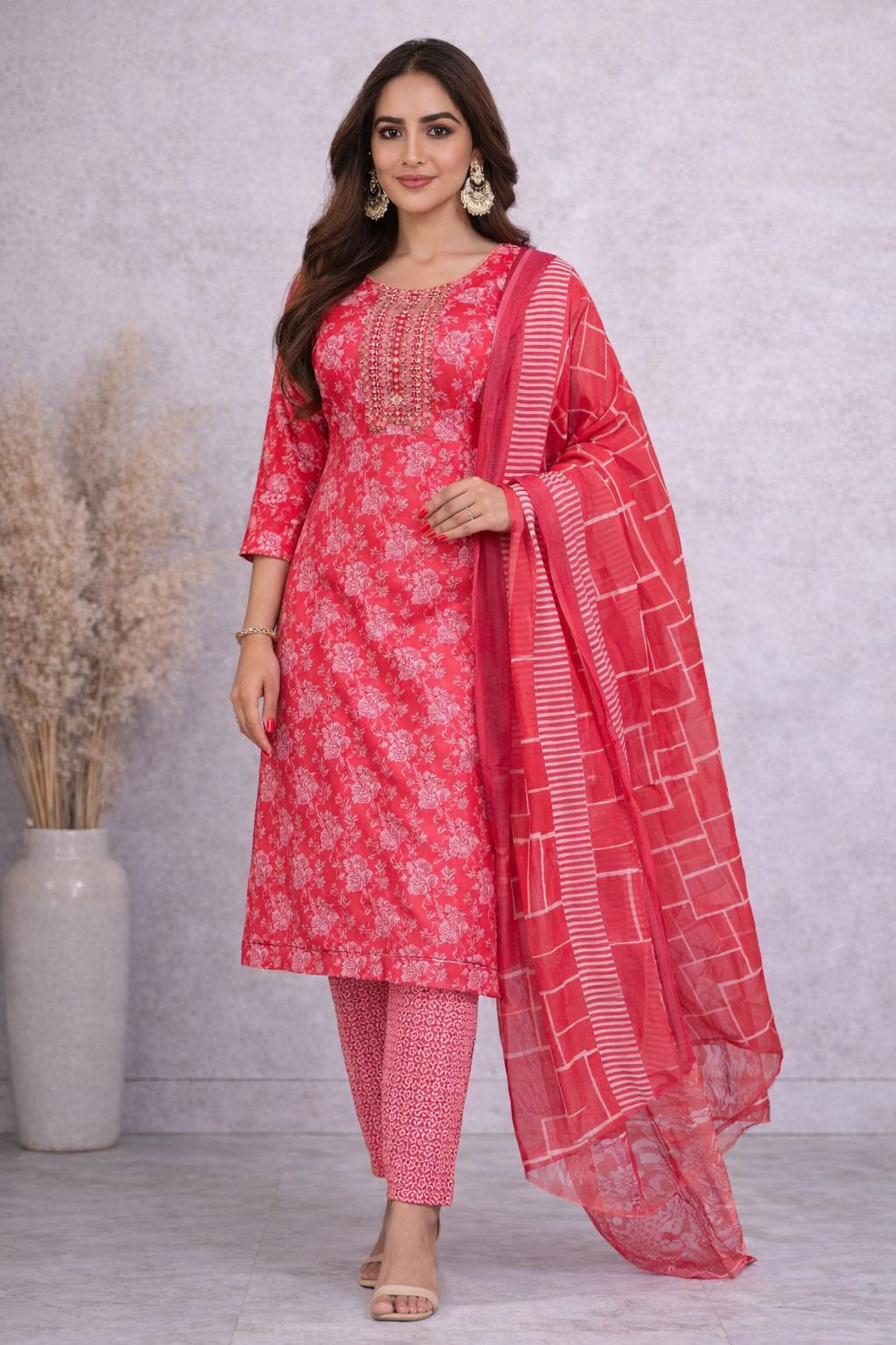 Red Embroidered Flower Churidar Set