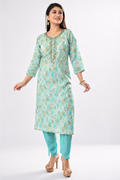 Blue floral mirror, stone worked kurti set without dupatta.